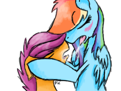 Size: 1600x1200 | Tagged: suggestive, artist:black-pie, rainbow dash, scootaloo, after kiss, age difference, blushing, drool, drool string, duo, female, filly, foal, foalcon, g4, imported from derpibooru, kissing, lesbian, mare, mare on filly, pegasus, pony, ship:scootadash, shipping, simple background, sloppy kissing, white background