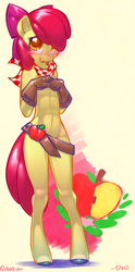 Size: 462x929 | Tagged: suggestive, artist:0r0ch1, apple bloom, anthro, apple, banned from derpibooru, blushing, earth pony, female, foalcon, g4, imported from derpibooru, imported from twibooru, lolicon, skimpy, skinny, solo, solo female, thin, underage, unguligrade anthro