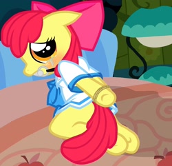 Size: 2076x2000 | Tagged: semi-grimdark, suggestive, artist:pyruvate, apple bloom, abuse, applebuse, bloomsub, bondage, bridle, clothes, crying, earth pony, female, femsub, filly, foal, foalcon, g4, imminent foalcon, imminent rape, imminent sex, imported from derpibooru, pony, rope, schoolgirl, solo, solo female, submissive