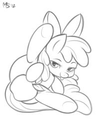 Size: 1041x1347 | Tagged: suggestive, artist:megasweet, apple bloom, apple, butt, censored, censored butt, censored vulva, earth pony, female, filly, foal, foalcon, g4, imported from derpibooru, looking at you, plot, pony, presenting, simple background, solo, solo female, spreading, teasing, tongue out, underhoof