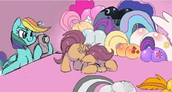 Size: 700x376 | Tagged: suggestive, artist:shaily, applejack, fluttershy, pinkie pie, princess celestia, princess luna, rainbow dash, rarity, scootaloo, twilight sparkle, angel bunny, applebutt, ass up, butt, butt blush, camera, eyes closed, face down ass up, female, filly, floppy ears, flutterbutt, foal, foalcon, g4, gritted teeth, imported from derpibooru, interspecies, lesbian, mane six, mane six plots, mare, mare on filly, moonbutt, pegasus, plot, pony, rear view, rearity, royal sisters, ship:scootadash, smiling, spitfire, sunbutt, twibutt, zebra, zecora, zecorass