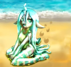 Size: 1952x1851 | Tagged: suggestive, artist:pokuytred, queen chrysalis, anthro, beach, breasts, clothes, delicious flat chest, female, flatsalis, foal, foalcon, g4, imported from derpibooru, legwear, one-piece swimsuit, pixiv, socks, solo, solo female, stockings, striped socks, sweat, swimsuit, thigh highs