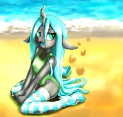 Size: 1952x1851 | Tagged: suggestive, artist:pokuytred, queen chrysalis, anthro, beach, breasts, clothes, delicious flat chest, female, flatsalis, foal, foalcon, g4, imported from derpibooru, legwear, one-piece swimsuit, pixiv, socks, stockings, striped socks, sweat, swimsuit, thigh highs