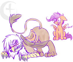 Size: 1280x1088 | Tagged: suggestive, artist:argoth, scootaloo, age difference, bdsm, bent over, bit, blushing, duo, female, femsub, filly, foal, foalcon, g4, gilda, gildaloo, gildasub, griffon, griffonsub, implied foalcon, imported from derpibooru, innuendo, lesbian, mare on filly, onomatopoeia, pegasus, pet play, pomf, pony, pony play, presenting, raised tail, reacting to nudity, saddle, simple background, something else also rises, spread wings, submissive, tack, tail, white background, wingboner, wings