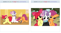Size: 530x286 | Tagged: suggestive, artist:pyruvate, apple bloom, scootaloo, sweetie belle, bondage, cutie mark crusaders, exploitable meme, female, foalcon, g4, imported from derpibooru, juxtaposition, juxtaposition win, meta