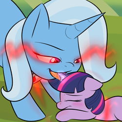 Size: 1000x1000 | Tagged: suggestive, artist:lamia, twilight sparkle, age difference, age regression, alicorn amulet, blushing, bondage, duo, female, filly, foal, foalcon, g4, horn, horn licking, hornjob, imported from derpibooru, licking, magic duel, mare, my little pony: friendship is magic, pony, trixie, unicorn