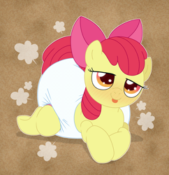 Size: 3212x3312 | Tagged: suggestive, artist:fillyscoots42, apple bloom, :p, abdl, air pushed out of diaper, blushing, bow, clean diaper, diaper, diaper fetish, diaperbloom, diapered, diapered filly, earth pony, female, fetish, filly, foal, foalcon, g4, hair bow, high res, imported from derpibooru, impossibly large diaper, lying down, non-baby in diaper, pony, poofy diaper, prone, seductive look, solo, tail, tongue out