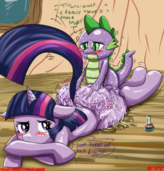 Size: 1121x1169 | Tagged: suggestive, artist:monkeyxflash, spike, twilight sparkle, blushing, butt, dragon, female, foalcon, g4, imported from derpibooru, male, mare, oil, plot, pony, ship:twispike, shipping, squishy, straight, sweat, twibutt, unicorn