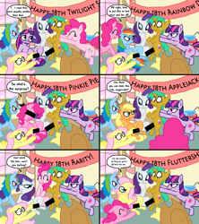 Size: 1608x1812 | Tagged: suggestive, artist:weaver, applejack, fluttershy, pinkie pie, rainbow dash, rarity, twilight sparkle, banner, barely legal, bipedal, birthday, blindfold, blushing, censored, comic, earth pony, female, fluttersnails, foalcon, g4, harem, imminent sex, implied sex, imported from derpibooru, male, mane six, mare, pegasus, pinkiesnails, pony, pushing, rainsnail, rarisnails, ship:snailsjack, ship:twisnails, shipping, snails, snails gets all the mares, straight, straight shota, unicorn, wide eyes