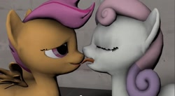 Size: 854x469 | Tagged: suggestive, scootaloo, sweetie belle, 3d, artist needed, female, filly, foal, foalcon, g4, imported from derpibooru, kissing, lesbian, licking, ship:scootabelle, sloppy kissing, source filmmaker, video at source, youtube
