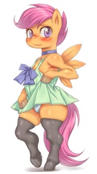 Size: 561x1000 | Tagged: suggestive, artist:hoihoi, scootaloo, anthro, arm hooves, blushing, breasts, chestbreasts, clothes, dress, female, foalcon, g4, imported from derpibooru, legwear, misplaced boobs, panties, pixiv, skirt, stockings, thigh highs, underwear, upskirt