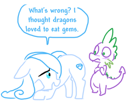 Size: 526x414 | Tagged: suggestive, artist:weaver, spike, blushing, crystal pony, dragon, female, foalcon, g4, imported from derpibooru, male, my little pony: friendship is magic, pony, presenting, raised tail, reacting to nudity, sapphire joy, season 3, ship:spikejoy, shipping, simple background, straight, tail, the crystal empire, white background