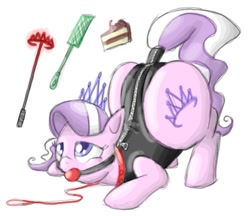 Size: 827x715 | Tagged: suggestive, artist:secretgoombaman12345, diamond tiara, ask chubby diamond, ballgag, bdsm, bondage, brand, butt, cake, earth pony, fat, female, foalcon, g4, gag, gimp suit, imported from derpibooru, large butt, leash, plot, pony, riding crop, solo
