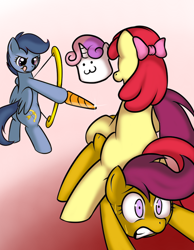 Size: 700x900 | Tagged: suggestive, artist:kloudmutt, editor:pika-robo, apple bloom, scootaloo, sweetie belle, :3, abuse, archer (g4), archery, bipedal, bloom butt, bow (weapon), butt, cutie mark crusaders, earth pony, edit, female, filly, foal, foalcon, g4, gradient background, imminent insertion, imported from derpibooru, marshmallow, plot, pony, scootablue, spread legs, spreading, sweetie belle is a marshmallow too, this will end in pain, tongue out, william tell