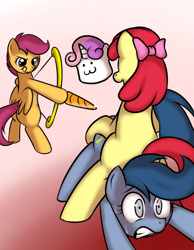Size: 700x900 | Tagged: suggestive, artist:kloudmutt, apple bloom, scootaloo, sweetie belle, :3, archer (g4), archery, bloom butt, bow (weapon), butt, carrot, cutie mark crusaders, earth pony, explicit source, fanfic art, female, filly, foal, foalcon, food, g4, gradient background, imminent insertion, imported from derpibooru, lesbian, marshmallow, marshmallow pony, pegasus, plot, pony, scootablue, shipping, spread legs, spreading, sweetie belle is a marshmallow too, this will end in pain, william tell