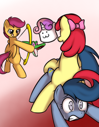 Size: 700x900 | Tagged: suggestive, artist:kloudmutt, apple bloom, scootaloo, sweetie belle, :3, abuse, archer (g4), archery, bipedal, bloom butt, bow (weapon), butt, cutie mark crusaders, earth pony, foalcon, g4, gummy, imported from derpibooru, marshmallow, plot, pony, scootablue, spread legs, spreading, sweat, sweetie belle is a marshmallow too, this will end in pain, tongue out, william tell