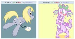 Size: 1071x566 | Tagged: suggestive, artist:jepso, artist:tappyraspberry, spike, apron, apron boner, butt, clothes, covering, crotch bulge, derpibooru, derpy hooves, duo, duo male and female, embarrassed, erection, exploitable meme, female, foalcon, g4, hiding erection, implied derpyspike, imported from derpibooru, juxtaposition, juxtaposition win, male, mare, meta, naked apron, pegasus, plot, plot development, pony, wingless spike