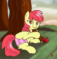 Size: 1000x1039 | Tagged: suggestive, artist:crade, apple bloom, bedroom eyes, belly button, butt, clothes, earth pony, female, foalcon, g4, hooves, imported from derpibooru, panties, plot, pony, presenting, presenting butt, underwear