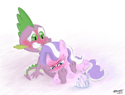 Size: 3272x2502 | Tagged: suggestive, artist:loreto-arts, diamond tiara, spike, barefoot, blushing, cuddling, diamond tsundiara, dragon, feet, female, filly, foal, foalcon, frown, g4, grin, grumpy, high res, hug, imported from derpibooru, male, nervous, on side, pony, raised eyebrow, sad, ship:spiketiara, shipping, smiling, snuggling, straight, tsundere