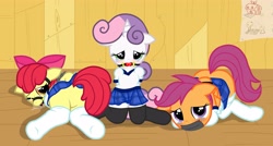 Size: 3507x1874 | Tagged: suggestive, artist:pyruvate, apple bloom, scootaloo, sweetie belle, arm behind back, ballgag, blushing, bondage, butt, clothes, clubhouse, crusaders clubhouse, crying, cutie mark crusaders, drool, earth pony, featureless crotch, female, foalcon, frown, g4, gag, help us, implied rape, imported from derpibooru, legwear, pegasus, plot, pony, ring gag, sad, school uniform, schoolgirl, skirt, stockings, thigh highs, unicorn, upskirt