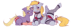 Size: 1200x479 | Tagged: suggestive, artist:crookedtrees, clothes, derpy hooves, dinky hooves, female, fishnet clothing, fishnet stockings, foalcon, g4, imported from derpibooru, legwear, lingerie, mare, panties, pegasus, pony, simple background, stockings, thigh highs, tongue out, underwear, white background