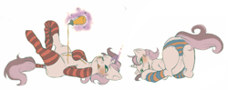 Size: 1300x514 | Tagged: suggestive, artist:crookedtrees, sweetie belle, butt, clothes, female, foalcon, g4, imported from derpibooru, panties, plot, pouring, presenting, presenting butt, socks, striped socks, striped underwear, syrup, underwear