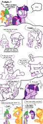 Size: 600x1703 | Tagged: suggestive, artist:weaver, applejack, spike, twilight sparkle, blushing, book, comic, condom, denied, dragon, earth pony, erection, fantasy, female, foalcon, g4, gif, horn, imagination, imported from derpibooru, interspecies, male, mare, non-animated gif, pony, sex education, ship:twispike, shipping denied, simple background, straight, sweat, unicorn, unicorn twilight, vulgar, white background