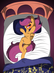 Size: 2103x2848 | Tagged: suggestive, artist:v-d-k, scootaloo, bed, blushing, female, foalcon, g4, high res, imported from derpibooru