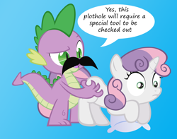 Size: 948x746 | Tagged: suggestive, artist:crisr82, spike, sweetie belle, blue background, butt touch, dragon, female, filly, foal, foalcon, g4, hand on butt, imminent rape, imported from derpibooru, interspecies, male, moustache, pony, ship:spikebelle, shipping, simple background, straight, unicorn