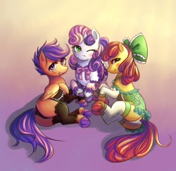 Size: 1080x1050 | Tagged: suggestive, artist:ninjaham, apple bloom, scootaloo, sweetie belle, bow, clothes, cutie mark crusaders, earth pony, female, filly, foal, foalcon, g4, garter belt, hair bow, imported from derpibooru, legwear, lingerie, one eye closed, panties, pegasus, pony, smiling, socks, thigh highs, trio, underwear, unicorn, wink