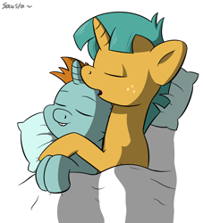Size: 1450x1600 | Tagged: safe, artist:sawsta, colt, colt cuddler, colt cuddling, colt on colt, dead source, foal, foalcon, g4, gay, hug, imported from derpibooru, male, pony, pony on pony action, reverse foalcon, ship:snaps, shipping, sleeping, snails, snips, snuggling