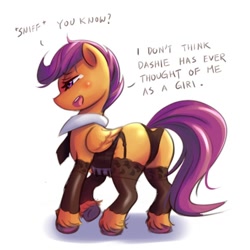 Size: 600x600 | Tagged: suggestive, artist:ninjaham, scootaloo, brown underwear, butt, clothes, corset, female, filly, foal, foalcon, g4, garter belt, imported from derpibooru, legwear, panties, pegasus, plot, pony, solo, solo female, stockings, thigh highs, underwear, unshorn fetlocks