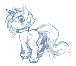 Size: 658x575 | Tagged: suggestive, artist:leosaeta, oc, balls, blush sticker, blushing, butt, collar, colt, foal, foalcon, imported from derpibooru, looking at you, looking back, looking back at you, male, monochrome, nudity, oc only, plot, pony, solo, solo male, unicorn