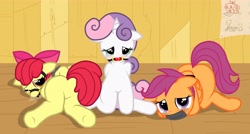 Size: 4304x2300 | Tagged: suggestive, artist:pyruvate, apple bloom, scootaloo, sweetie belle, arm behind back, ballgag, blushing, bondage, butt, clubhouse, crusaders clubhouse, crying, cutie mark crusaders, drama in the source's comments, earth pony, female, filly, foal, foalcon, g4, gag, help us, imminent rape, imported from derpibooru, pegasus, plot, pony, treehouse, unicorn