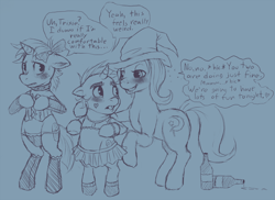 Size: 1000x727 | Tagged: suggestive, artist:crookedtrees, alcohol, blushing, clothes, collar, crossdressing, dialogue, drool, drunk, femdom, foalcon, forced feminization, g4, imminent rape, imminent sex, imported from derpibooru, legwear, lingerie, male, malesub, pony, snails, snips, socks, submissive, sweat, thigh highs, trixie, trixie's fans, unicorn