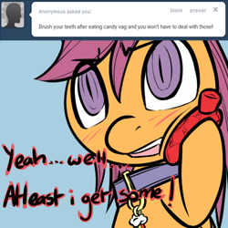 Size: 500x500 | Tagged: suggestive, artist:serendipity-kitty, scootaloo, blushing, collar, female, foalcon, g4, implied cunnilingus, implied oral, implied sex, imported from derpibooru, lesbian, lesboloo, pony, solo, tumblr