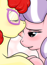 Size: 500x700 | Tagged: suggestive, artist:kloudmutt, diamond tiara, drool, duo, duo female, earth pony, eyes closed, female, foalcon, g4, glasses, imported from derpibooru, lesbian, licking, pony, ship:diamondtwist, shipping, sloppy kissing, tongue out, twist