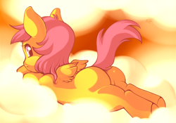 Size: 900x629 | Tagged: suggestive, artist:zanthu, scootaloo, butt, cloud, cloudy, female, filly, foal, foalcon, g4, imported from derpibooru, looking at you, looking back, plot, pony, prone, raised tail, scootabutt, solo, solo female