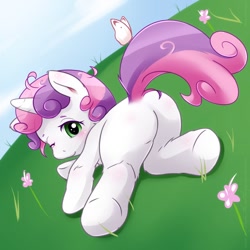 Size: 900x900 | Tagged: suggestive, sweetie belle, blushing, butt, female, foalcon, g4, implied foalcon, imported from derpibooru, plot, pony, solo, solo female