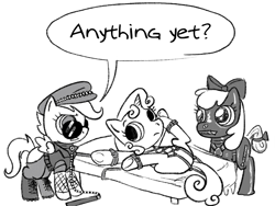 Size: 1454x1095 | Tagged: suggestive, apple bloom, scootaloo, sweetie belle, artist needed, black and white, bodysuit, bondage, boots, cap, clothes, collar, cutie mark crusaders, cutie mark crusading, earth pony, featureless crotch, female, filly, fishnet clothing, fishnet stockings, foal, foalcon, g4, gimp suit, grayscale, harness, hat, horn, imported from derpibooru, jacket, leash, legwear, mattress, monochrome, pegasus, pony, rope, rope bondage, shibari, shoes, stockings, sunglasses, tied to bed, unicorn, zippermouth
