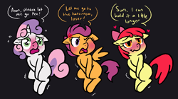 Size: 998x560 | Tagged: suggestive, artist:vodkamewtwoni, apple bloom, scootaloo, sweetie belle, adorable distress, blushing, cute, cutie mark crusaders, dark background, derpibooru exclusive, desperation, dialogue, earth pony, emanata, female, filly, foal, foalcon, g4, heart, horn, imported from derpibooru, looking at you, need to pee, omorashi, pegasus, pony, potty emergency, potty time, shaking, simple background, speech bubble, text, trio, trio female, unicorn, varying degrees of want, wings