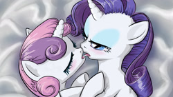 Size: 1920x1080 | Tagged: suggestive, artist:ponyhell, rarity, sweetie belle, age difference, drool, eyes closed, female, foalcon, french kiss, g4, imported from derpibooru, incest, kissing, lesbian, mare on filly, pony, raricest, ship:raribelle, shipping, sloppy kissing, unicorn