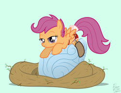 Size: 990x760 | Tagged: suggestive, artist:facelessjr, scootaloo, clothes, egg, female, fishnet stockings, foalcon, frilly underwear, g4, garter belt, imported from derpibooru, legwear, lingerie, nest, panties, pegasus, pony, red underwear, show accurate, show accurate porn, socks, stockings, tail bow, thigh highs, underwear