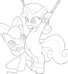 Size: 832x900 | Tagged: suggestive, artist:lahsparkster, apple bloom, sweetie belle, ballgag, bipedal, bondage, chains, earth pony, featureless crotch, female, foalcon, g4, gag, imported from derpibooru, lesbian, pony, ship:sweetiebloom, shipping, whip