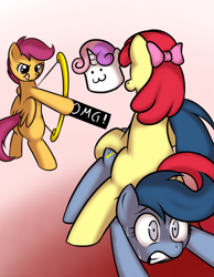 Size: 700x900 | Tagged: suggestive, artist:kloudmutt, apple bloom, scootaloo, sweetie belle, :3, :p, archer (g4), archery, arrow, bipedal, bloom butt, bow (weapon), bow and arrow, butt, censored, cutie mark crusaders, earth pony, female, filly, filly on filly, foal, foalcon, food, frown, funny, g4, gradient background, gritted teeth, imminent insertion, imminent rape, imported from derpibooru, lesbian, male, marshmallow, pegasus, plot, pony, scootablue, smiling, spread legs, spreading, stallion, sweat, sweetie belle is a marshmallow too, teeth, this will end in pain, tongue out, weapon, wide eyes