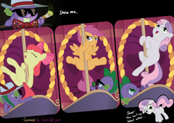 Size: 1280x907 | Tagged: suggestive, artist:robnroll, apple bloom, scootaloo, spike, sweetie belle, butt, cutie mark crusaders, earth pony, featureless crotch, foalcon, g4, hat, imported from derpibooru, pegasus, pimp hat, plot, pole dancing, pony, unicorn