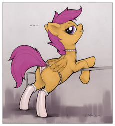 Size: 720x785 | Tagged: suggestive, artist:ecmajor, scootaloo, bedroom eyes, bondage, butt, clothes, collar, female, filly, foal, foalcon, g4, imported from derpibooru, lingerie, looking back, panties, pegasus, plot, pony, scootabutt, smiling, smirk, socks, solo, solo female, tail, tail hole, underhoof, underwear