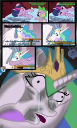 Size: 1000x1667 | Tagged: suggestive, artist:lemonyhooves, princess celestia, spike, twilight sparkle, age difference, alicorn, blushing, code geass, crying, cunnilingus, dragon, dragon mail, drool, female, foalcon, g4, implied cunnilingus, implied oral, implied sex, imported from derpibooru, interspecies, lesbian, male, mare, nudity, parody, pie, pony, pseudoincest, ship:twilestia, ship:twispike, shipping, straight, surprise sex, unicorn, unicorn twilight, wat, wingless spike