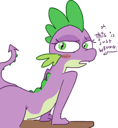 Size: 680x735 | Tagged: suggestive, artist:weaver, spike, anthro, barb, bent over, blush sticker, blushing, colored, dragon, female, foalcon, g4, imported from derpibooru, rule 63, simple background, solo, solo female, table, white background