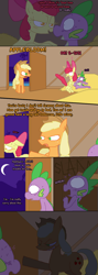 Size: 800x2240 | Tagged: suggestive, artist:weaver, apple bloom, applejack, spike, age difference, baby dragon on filly, baby dragon on mare, barn, blushing, caught, comic, door, dragon, earth pony, female, filly, foal, foalcon, g4, grin, imminent rape, imported from derpibooru, interspecies, male, mare, night, no pupils, pony, raep tiem, ship:applespike, ship:spikebloom, shipping, smiling, straight, sweat, trio, weaver you magnificent bastard, wingless spike